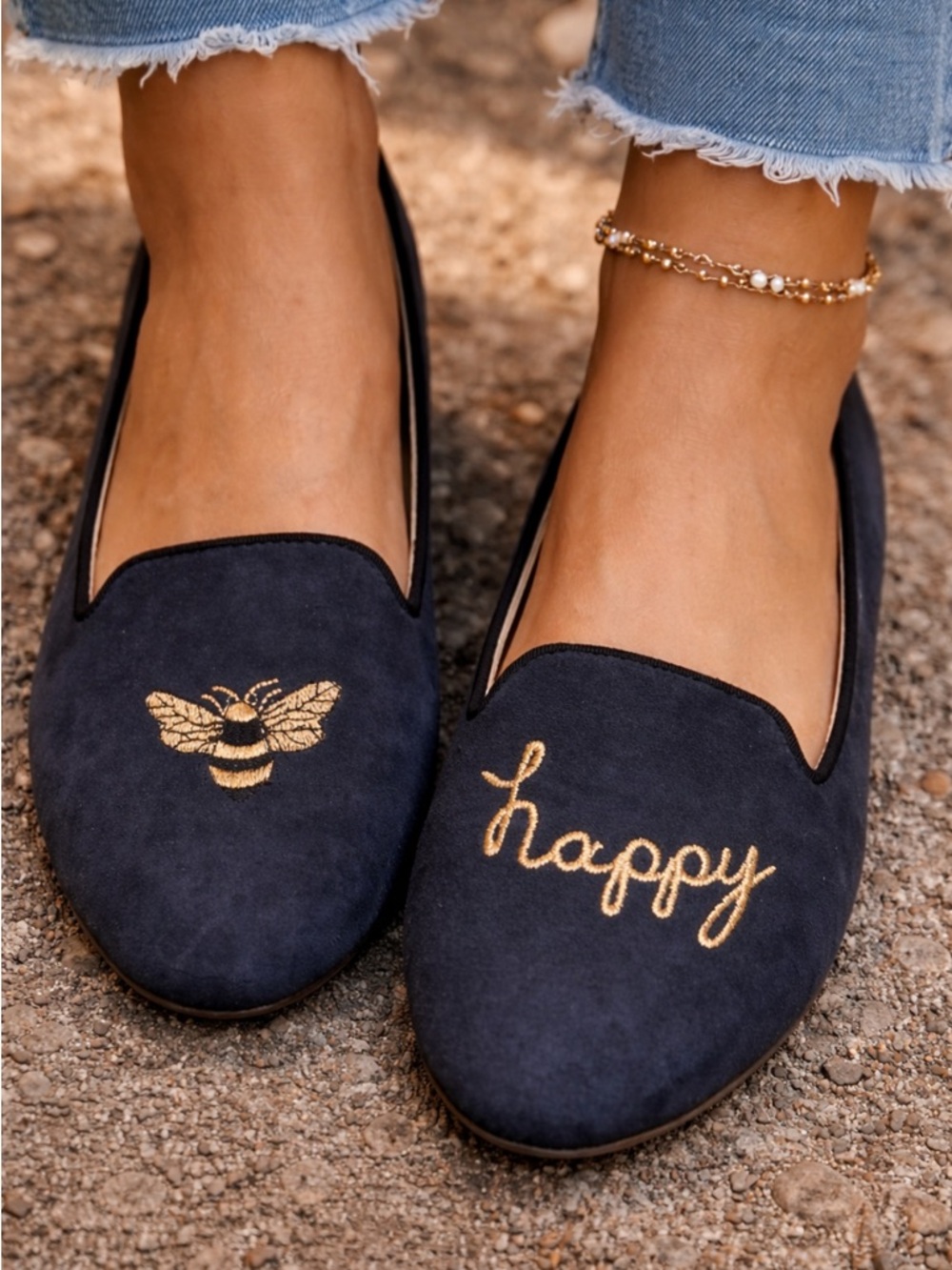 Women’s Navy Suede 'Bee Happy' Embroidered Loafers